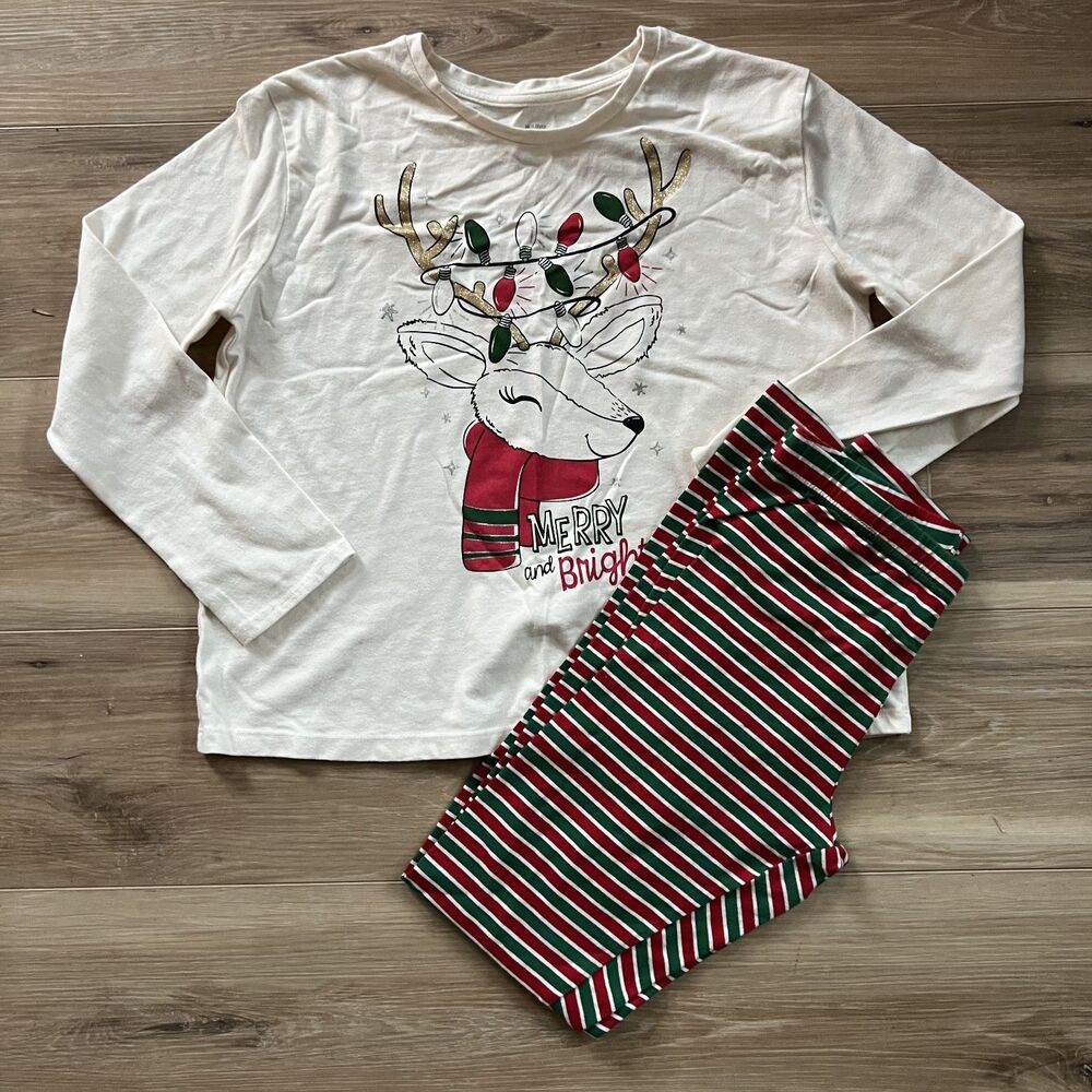 BNWOT Youth Kids Christmas Reindeer Lights PJs Pajama Pants Long Sleeve Shirt xl